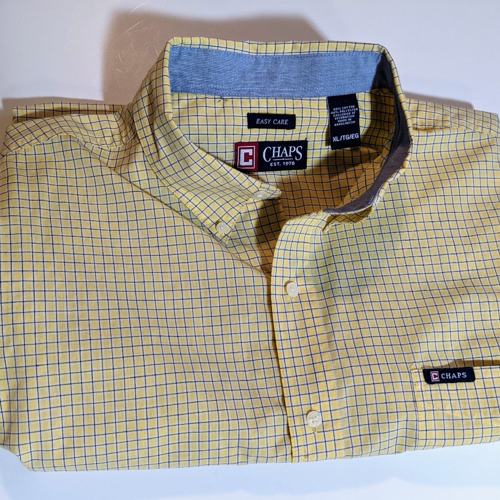 CHAPS Easy care XL, button up, short sleeves,  EUC, yellow with blue, checked